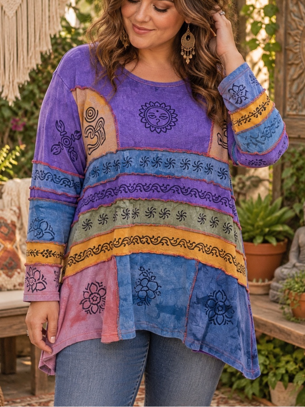 Rising International 1XL Boho Patchwork Tunic Top Sun Om Print